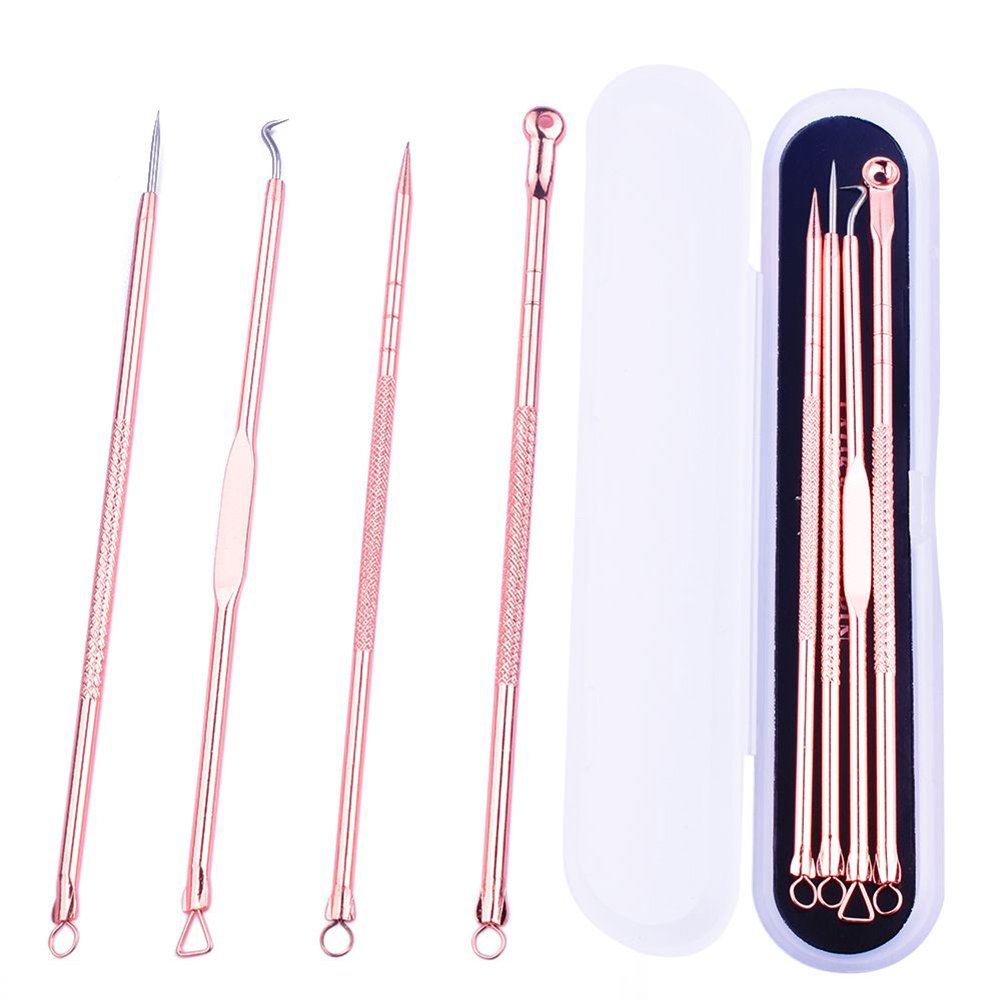 AKOAK 4-Piece Rose Gold Plated Double Head Acne Needle & Blackhead Remover Tool Set - Portable Skin Care Kit for Face, Nose & Body - Perfect for Home Spa, Travel & Professional Use