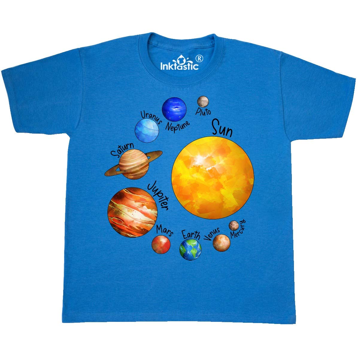 Inktastic Sun and Planets - Yes, and Pluto Youth T-Shirt | Space Themed Kids Shirt | Solar System Graphic Tee for Boys & Girls | Perfect for School, Astronomy Events & Casual Wear