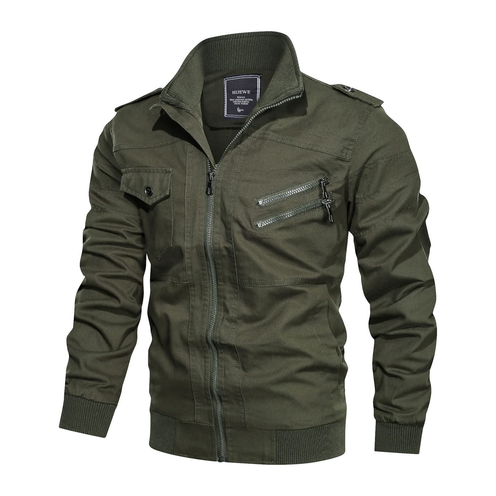 HIJEWE Men's Military Jacket - Durable Cotton Utility Coat with Stand Collar & Multi-Pockets | Army Cargo Bomber for Spring & Fall | Perfect for Outdoor Adventures, Camping & Casual Wear