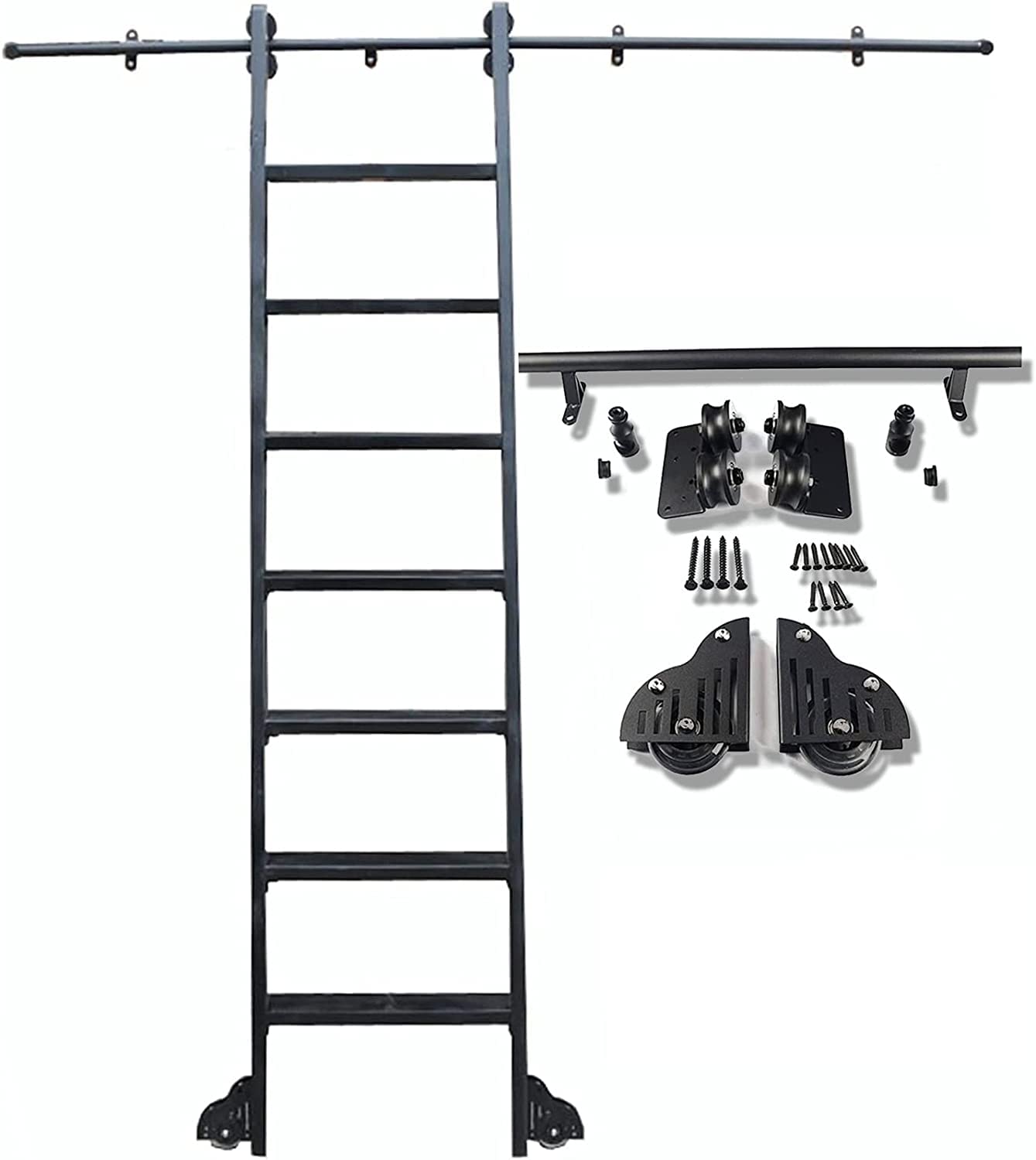 Black Rolling Ladder Hardware Kit for Library or Kitchen - 200cm, 300cm, 400cm, 600cm Sliding Door Rail with Roller Wheels - Perfect for Home Libraries, Pantries, and Loft Storage Access
