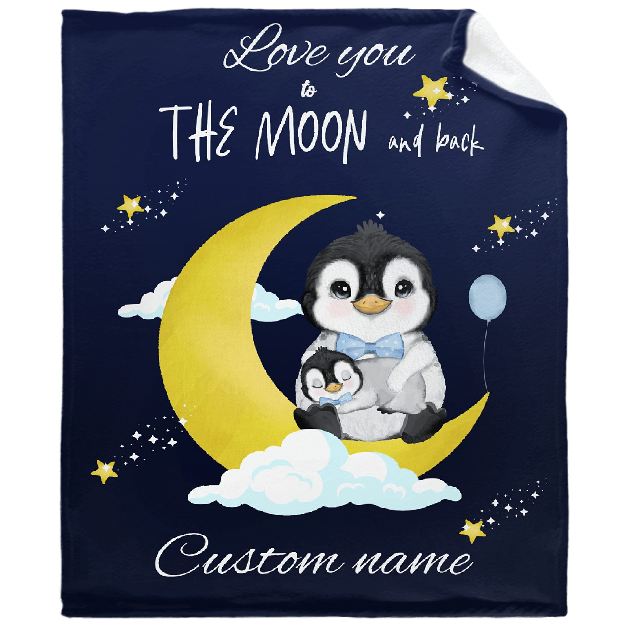 Personalized Baby Blankets for Boys & Girls - Custom Name Embroidered Soft Fleece Throw - Cute Penguin Moon Star Design - Cozy XL Blanket for Newborns, Nursery & Family Gifts - Perfect for Bedtime, Snuggling & Photo Shoots