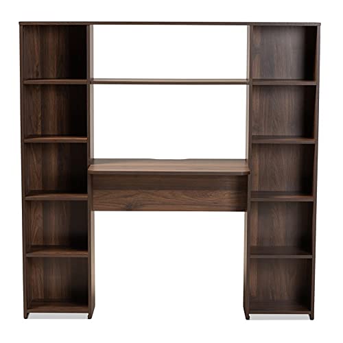 BOWERY HILL Walnut Brown Wood Computer Desk with Storage Shelves - Home Office Workstation for Study, Writing & Remote Work