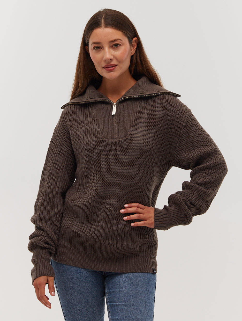 Thurynn Oversized Zippered Funnel Neck Sweater for Women - Cozy Winter Pullover with Pockets - Perfect for Casual Outfits, Office Wear & Cold Weather Layering