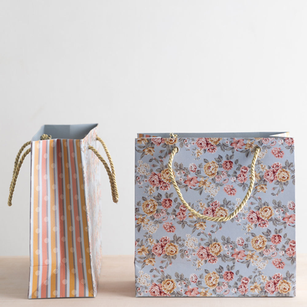 Blue Floral Paper Bags - Set of 5 Eco-Friendly Gift Bags for Party Favors, Wedding Decorations & Birthday Presents