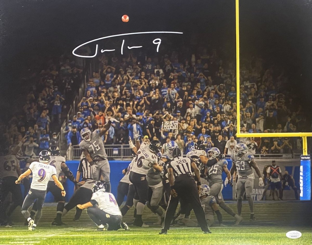 Justin Tucker Autographed 16x20 Baltimore Ravens Record Kick Photo with JSA COA - Perfect for Football Fans, Collectors, and Sports Memorabilia Displays