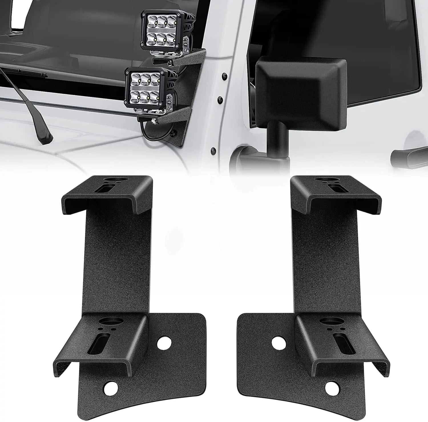 Universal Dual A-Pillar Windshield Hinge Mounts for Jeep Wrangler JK/JKU 2007-2017 (2DR & 4DR Models) - Heavy Duty Off-Road Light Bracket for LED Light Bars & Accessories - Perfect for Trail Riding, Overlanding & Night Driving Adventures