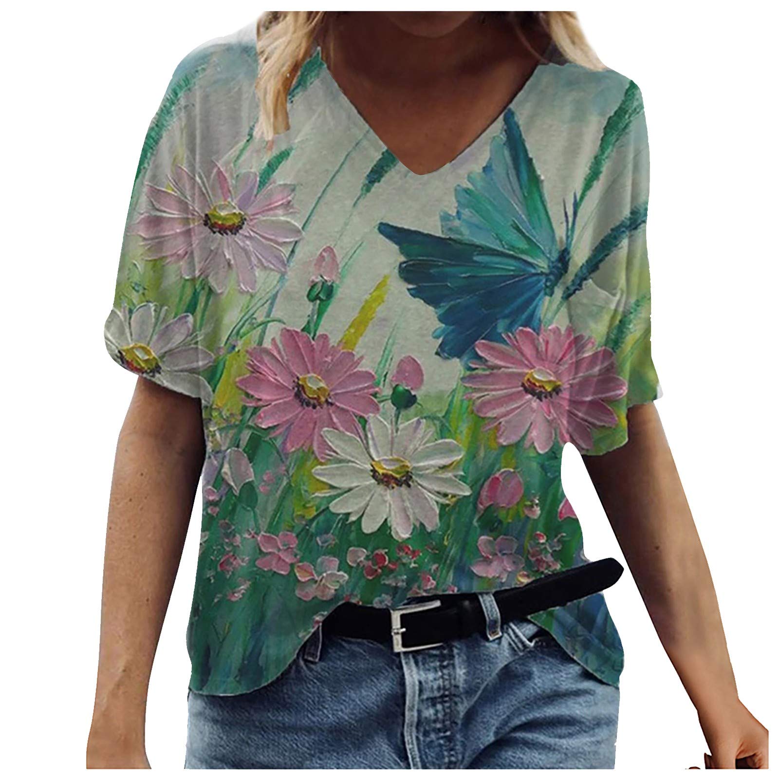 2022 Women's Floral Print V-Neck T-Shirt - Summer Casual Loose Short Sleeve Blouse, Plus Size Flowy Top for Everyday Wear & Outdoor Activities | Trendy Irregular Floral Design