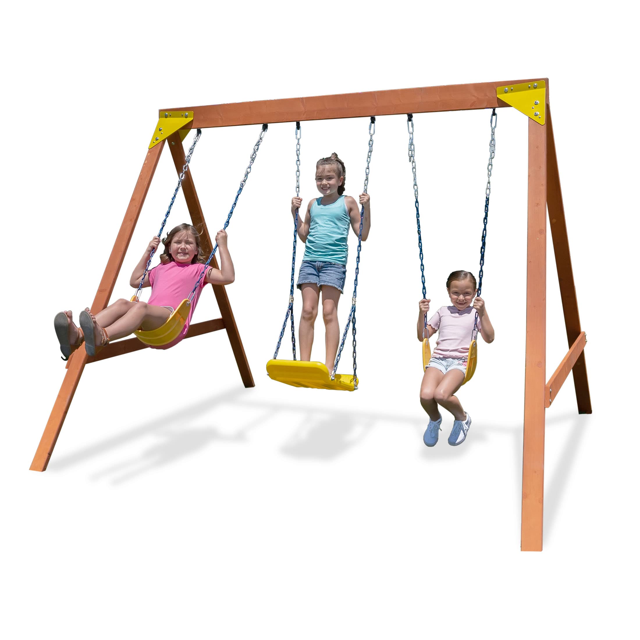 Sportspower Brighton Wood Swing Set for Kids - 2 Swings & 1 Bow Style Swing (Stand/Sit) - ASTM Safety Certified - Perfect for Backyard Playground & Outdoor Family Fun