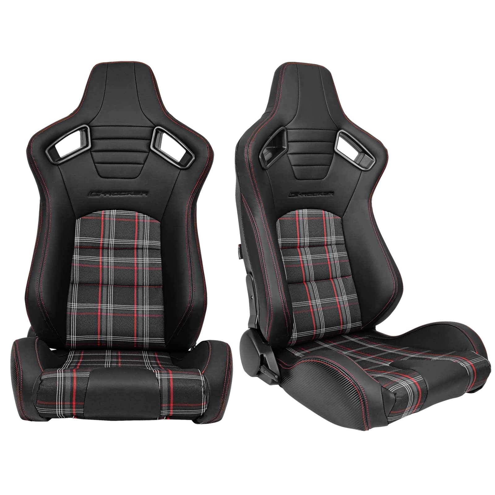 FREEMOTOR802 Universal Racing Seats - Reclinable Sport Seats with Dual Lock Sliders, Adjustable Bucket Seats (Driver & Passenger) - PU Leather + Plaid Fabric + Carbon Fiber - Black & Red Plaid - Perfect for Car Racing, Drifting & Street Performance