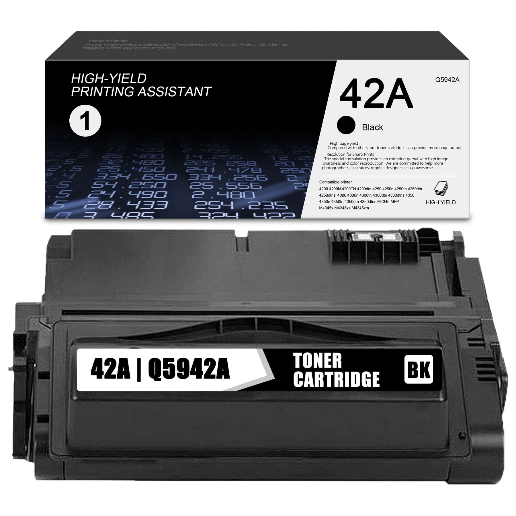 1-Pack 42A Black High Yield Toner Cartridge Replacement for HP 4300/4350/M4345 Series Printers (Q5942A) - Compatible with HP 4300n, 4300tn, 4300dtn, 4300dtns, 4350n, 4350tn, 4350dtn, 4350dtns, M4345 MFP, M4345x, M4345xs, M4345xm - Ideal for Office & Home Printing Needs