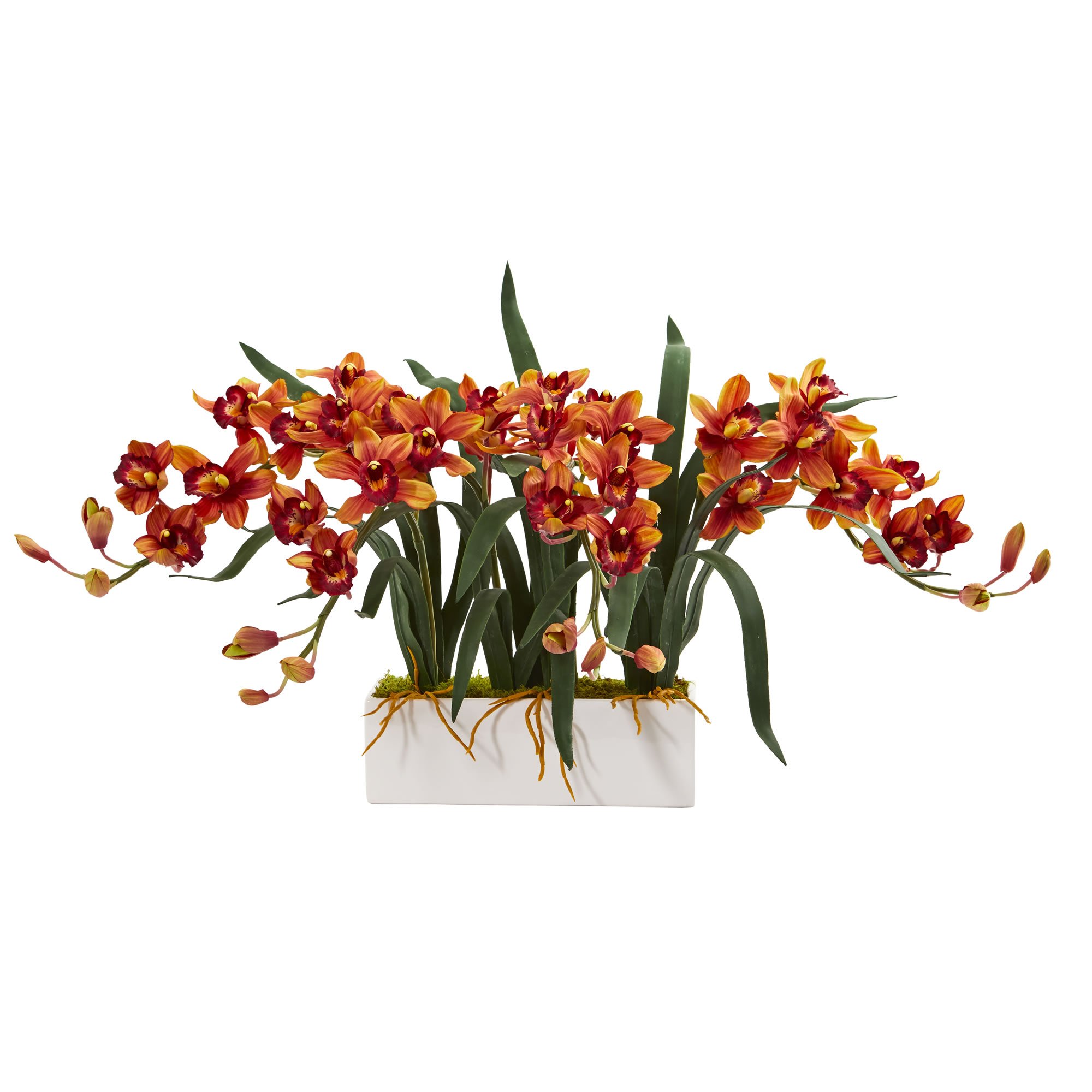 Nearly Natural Burgundy Cymbidium Silk Flower Arrangement in White Vase - Artificial Orchid Plant for Home Decor, Office Desk, Wedding Centerpiece & Dining Table Decoration