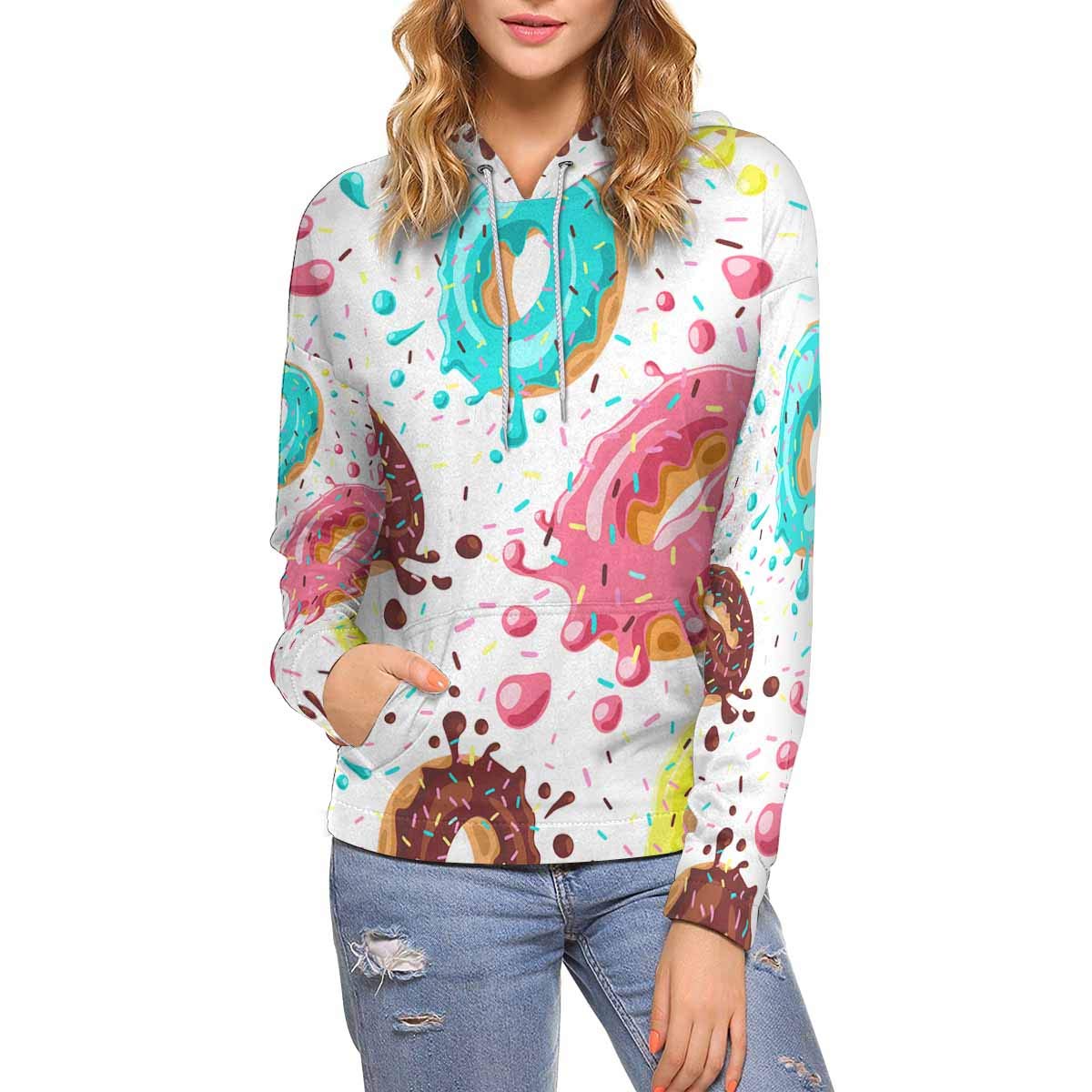Funny Donut Print Women's Long Sleeve Hoodie - Cute Dessert Graphic Pullover Sweatshirt for Casual Wear, Coffee Dates & Gift Giving