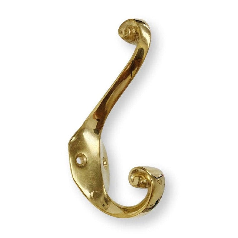 Vintage Unlacquered Polished Brass Wall Hook - Curly Coat & Hat Hanger for Entryway, Mudroom, or Bedroom Organization (Set of 3)