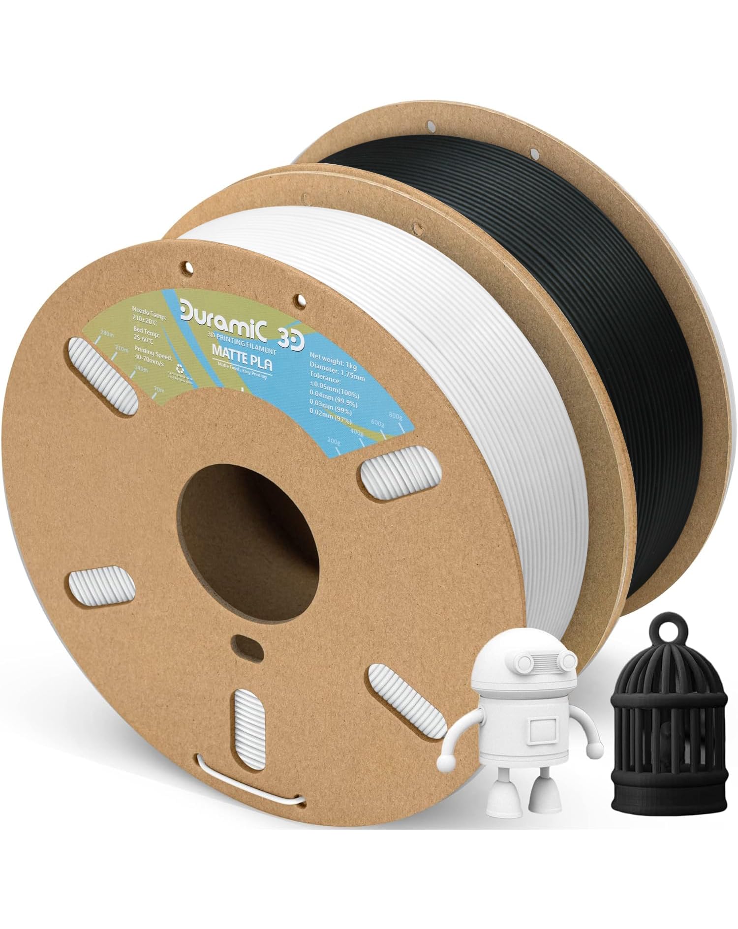 DURAMIC Matte PLA 3D Printer Filament 1.75mm - 2 Pack (1kg Black & White) - High Precision +/-0.03mm for FDM Printers - Perfect for Cosplay Props, Home Decor & DIY Projects