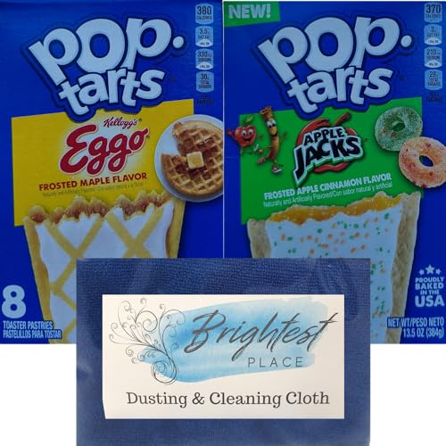 Frosted Toaster Pastries Variety Pack - Kids Breakfast Bundle with Pop Tarts, Eggo Waffle & Apple Jacks Flavors + Free Cleaning Cloth | Perfect for School Lunches, Quick Snacks & Family Breakfasts