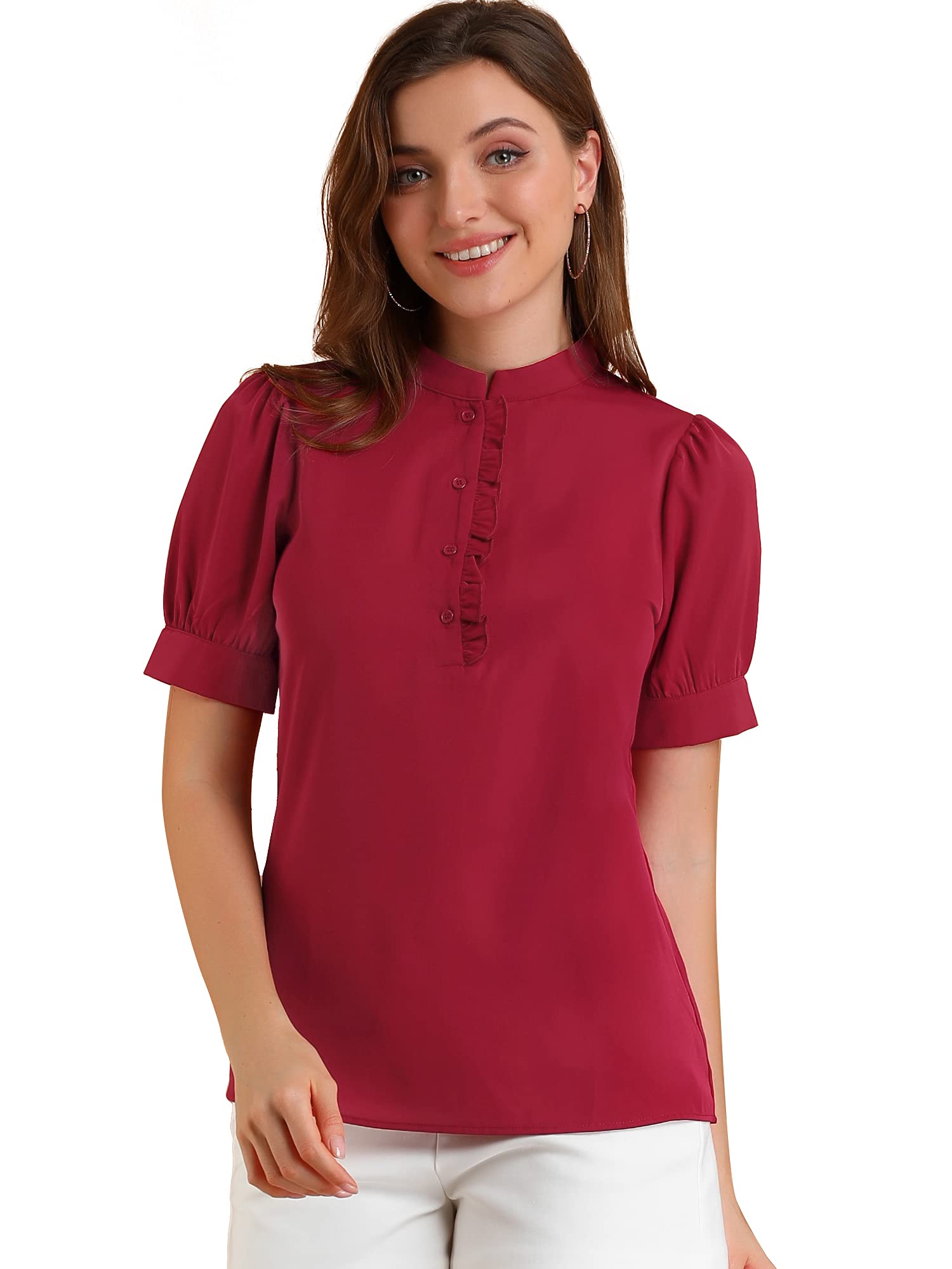 Allegra K Women's Ruffled Puff Sleeve Half Placket Blouse - Elegant Office Work Shirt Tops for Professional Women & Business Casual Wear