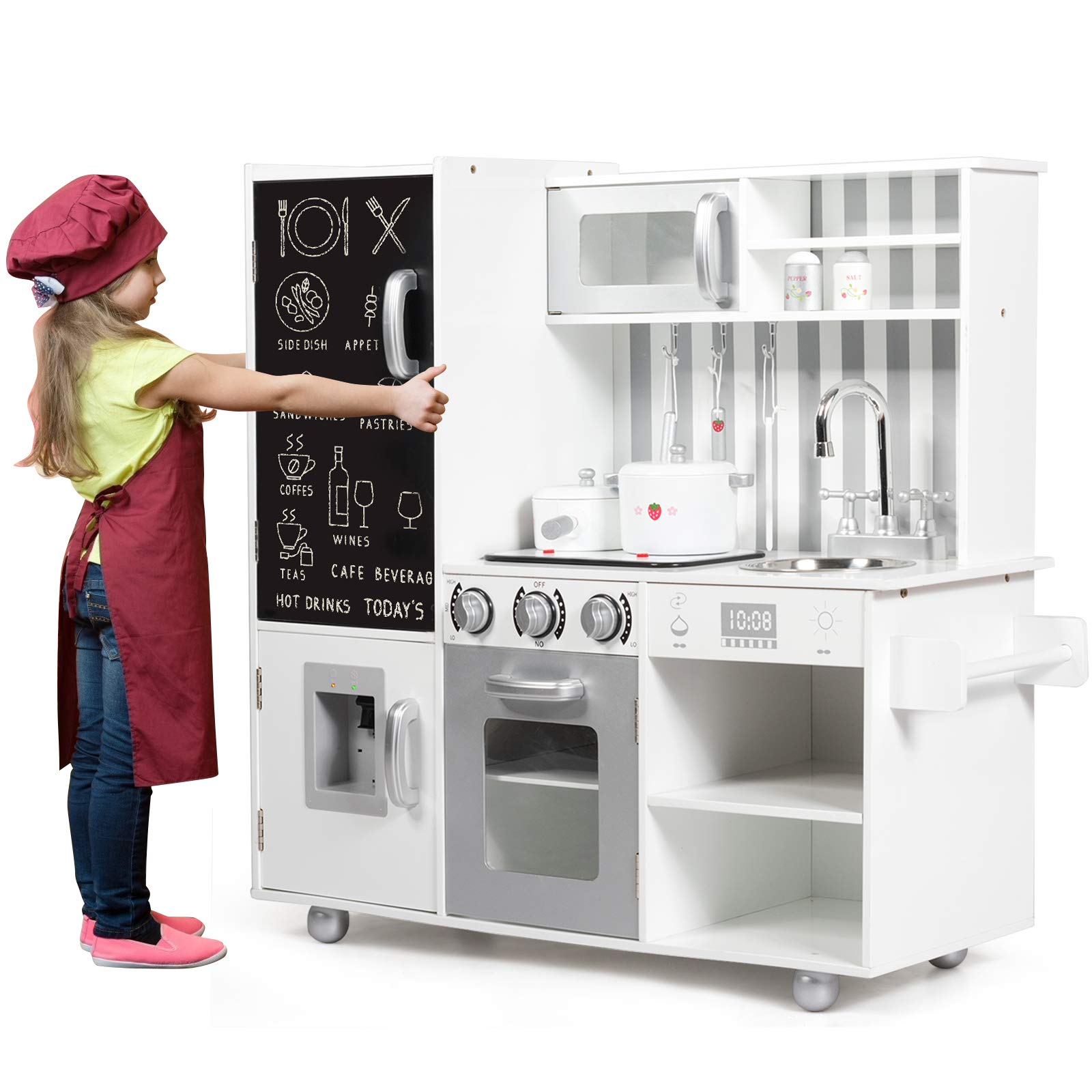 Mayjooy Wooden Kids Kitchen Playset with 7 Accessory Utensils, Blackboard, Sink, Stovetop, Cabinets & Fridge - Pretend Play Kitchen Toy with Simulated Sound & Lights for Toddlers Boys & Girls - Perfect for Imaginative Play, Role-Playing & Early Learning Development