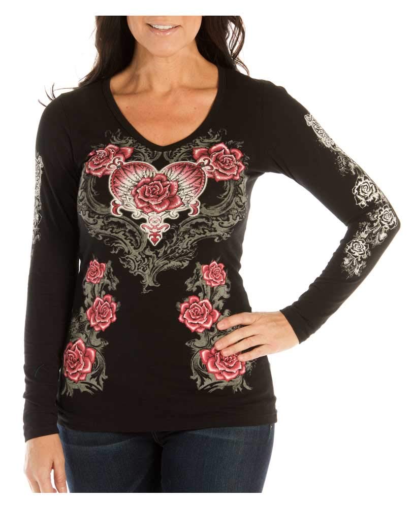 Pink Rose Heart Print Women's Long Sleeve T-Shirt - Romantic Casual Top for Date Night & Valentine's Day Gifts