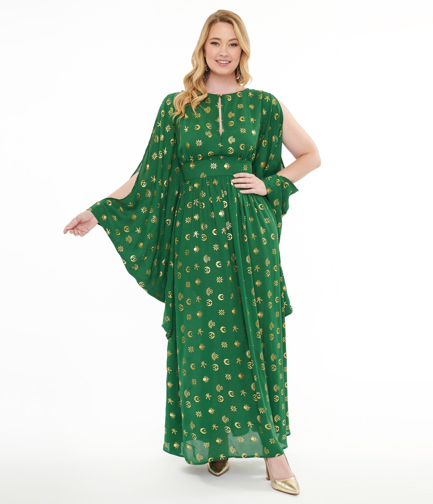 Disney Hocus Pocus Green & Gold Moon Print Caftan Dress | Vintage Inspired Halloween Costume | Perfect for Cosplay, Halloween Parties & Themed Events