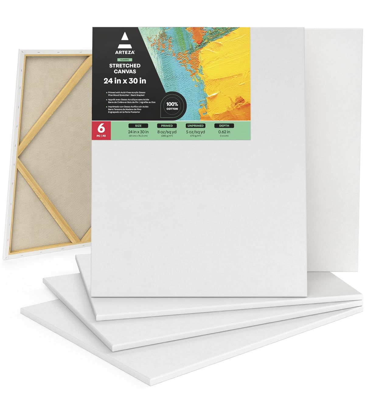 ARTEZA Stretched Canvas 24x30 Inches, Pack of 6 - Professional Blank White Large Canvas for Acrylic, Oil & Gouache Painting - Perfect for Artists, Beginners & Home Decor