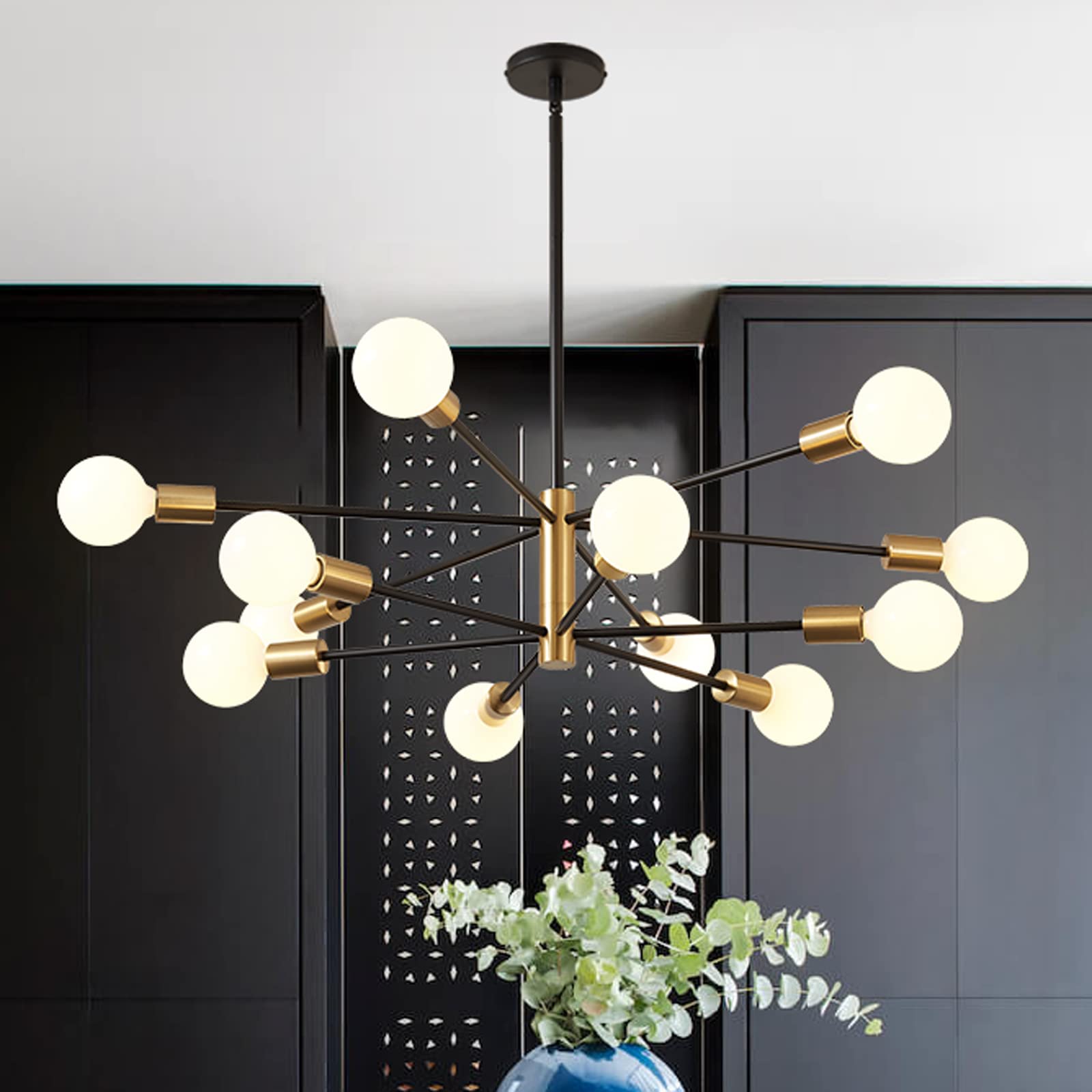 Modern Sputnik Chandelier - 12-Light Adjustable Height Gold & Black Farmhouse Ceiling Light Fixture for Dining Room, Living Room, Kitchen Island | Elegant Lighting for Home Decor, Wedding Venues & Restaurant Ambiance