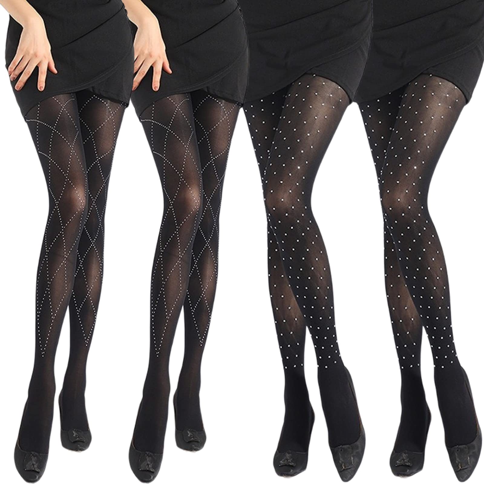 Women's Black Rhinestone Tights - High Waist Opaque Pantyhose for Party & Work