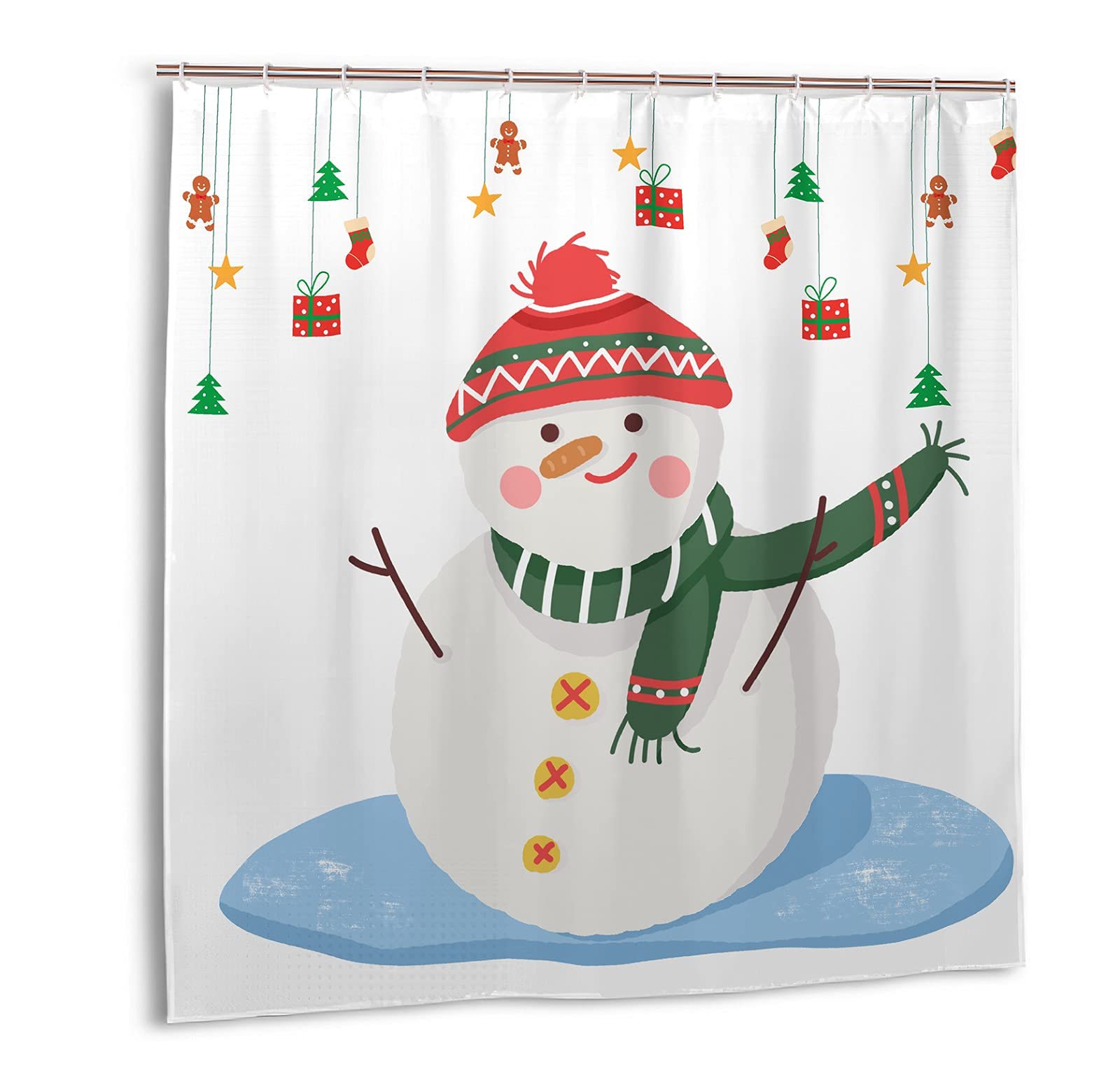 Farmhouse Christmas Shower Curtain Set - 72x72 Inch Waterproof White Fabric Bathroom Decor with Hooks | Cute Snowman & Small Ornament Design for Holiday Bathroom Accessories | Perfect for Christmas Home Decor, Gift Giving & Festive Bathroom Makeover