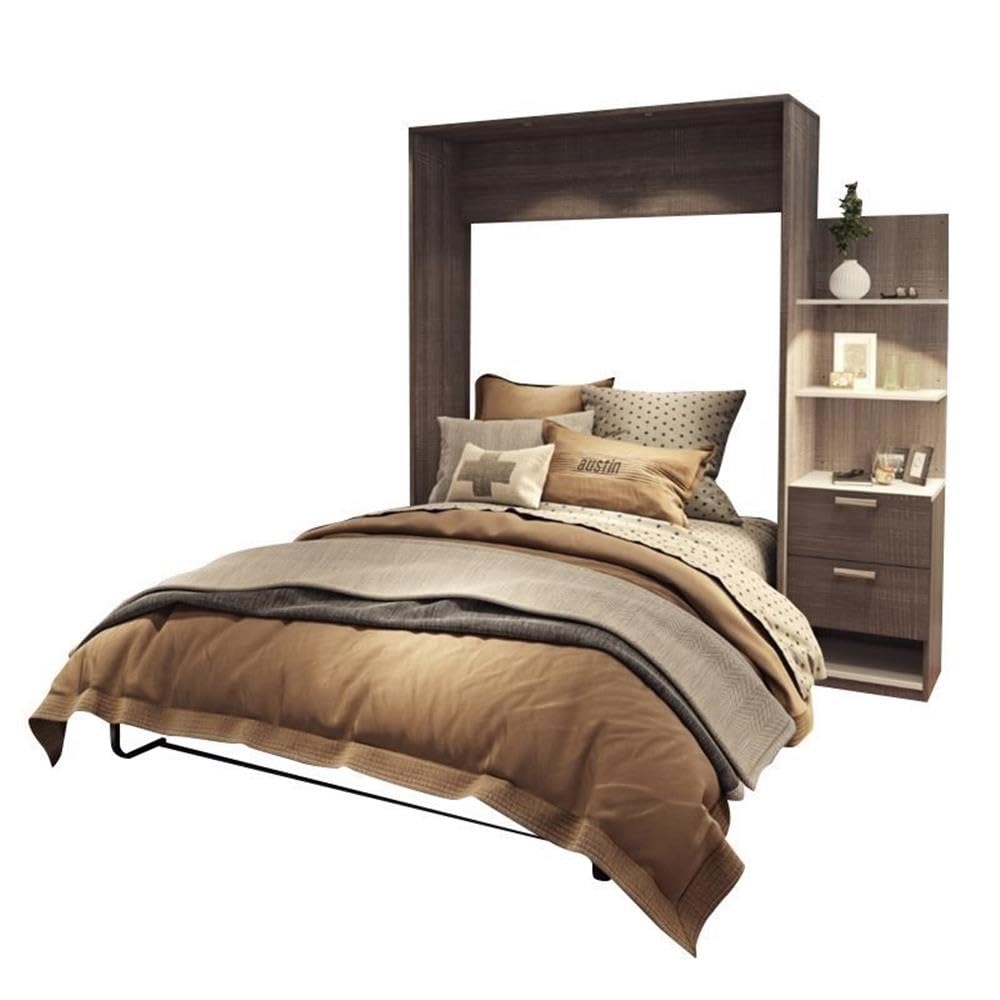Atlin Designs Wood Queen Murphy Bed with Nightstand in Bark Gray/White - Space Saving Wall Bed for Small Apartments, Guest Rooms & Home Offices