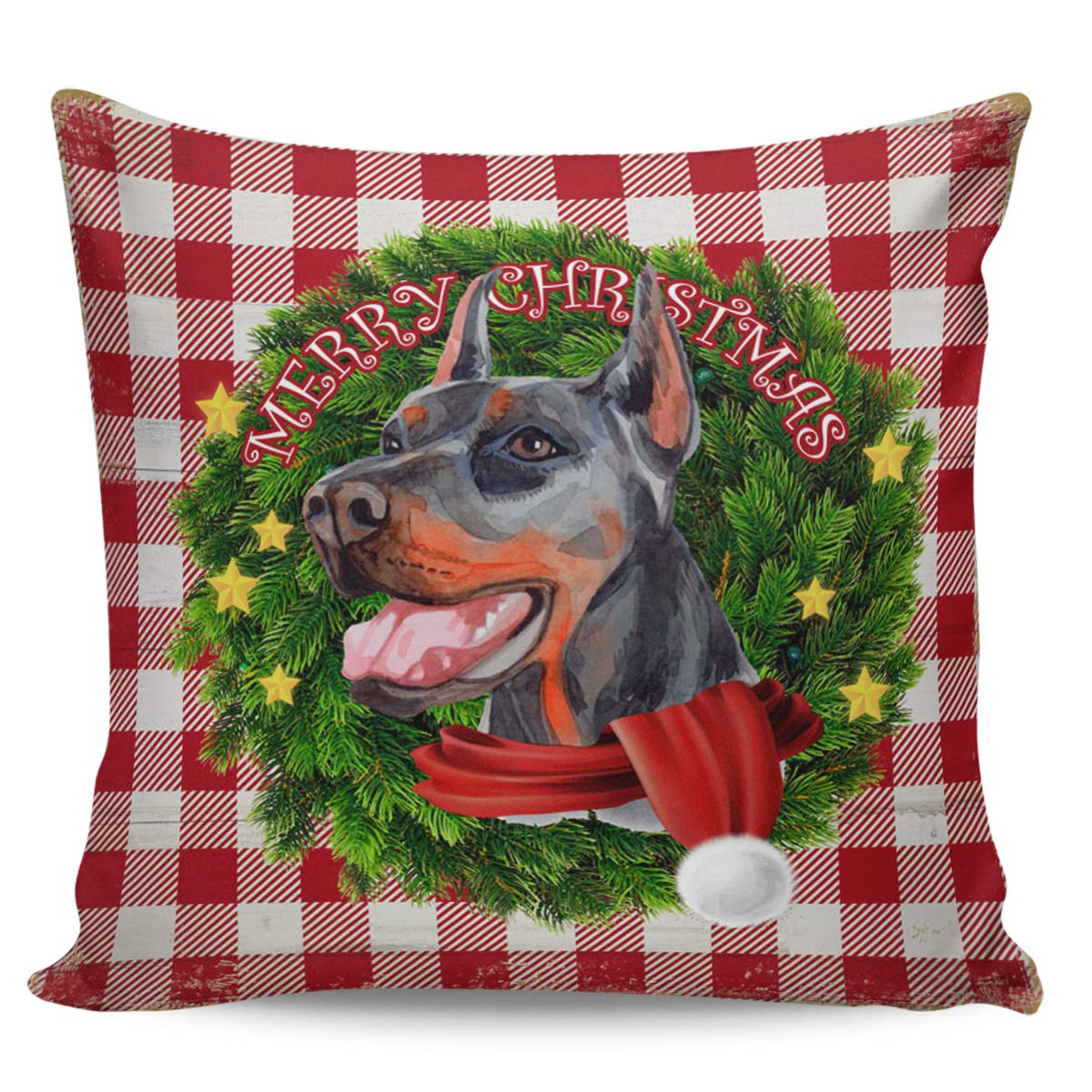 Christmas Dog Pillow Cover 16x16 Inch - Doberman Scarf Wreath Red Plaid for Sofa Bed Decor