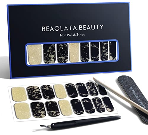 BEAOLATA 32 Pack Gel Nail Polish Strips - Easy Apply & Remove Nail Wraps Stickers, Long Lasting Salon Quality, Black & Gold Glitter Design | Perfect for Parties, Weddings, Holidays & Everyday Nail Art
