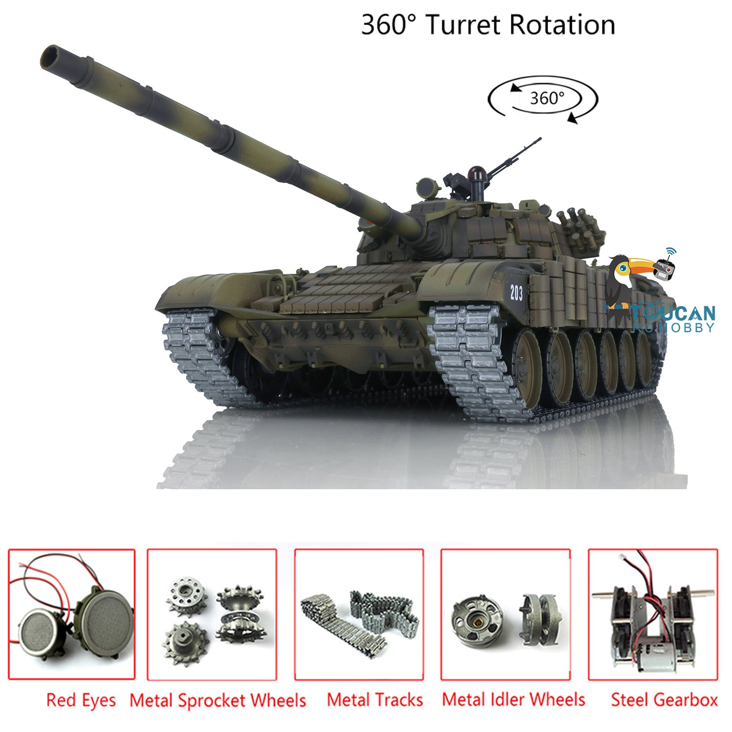 1:16 Scale Henglong Soviet T72 RC Tank - Remote Control Military Vehicle with 360° Rotating Turret, Red LED Eyes & Realistic Armor | Ready-to-Run RTR Model for Collectors & Battle Simulation (Indoor/Outdoor Play)