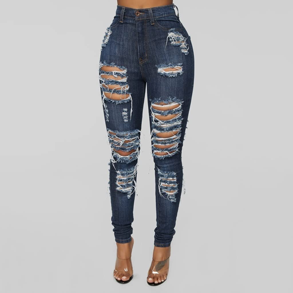 Trendy High Waist Ripped Stretch Jeans for Women - Blue Denim Pencil Pants (Size L) | Casual Outfit, Streetwear Fashion, Everyday Wear