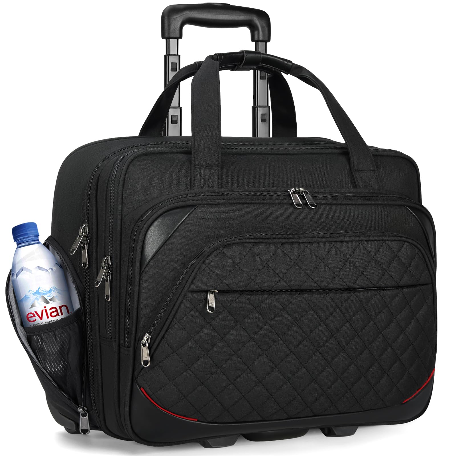 NUBILY 17.3 Inch Rolling Laptop Bag - Waterproof Wheeled Underseat Carry On Briefcase for Men & Women with RFID Pockets | Office Travel Computer Bag with Wheels in Quilted Black | Perfect for Business Trips, Commuting & Airplane Travel