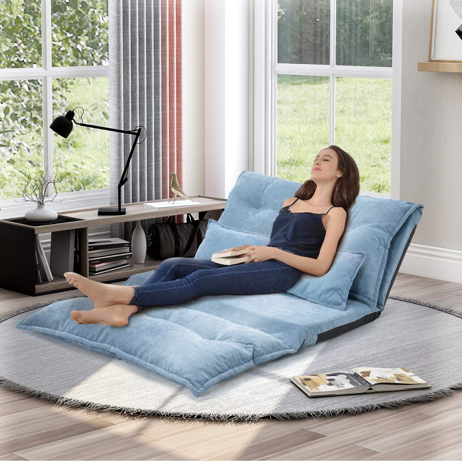 Aveland Adjustable Folding Futon Sofa Bed with 2 Pillows - Convertible Floor Couch for Reading, Gaming & Sleeping - Blue | Perfect for Small Spaces, Guest Rooms & Dorm Living