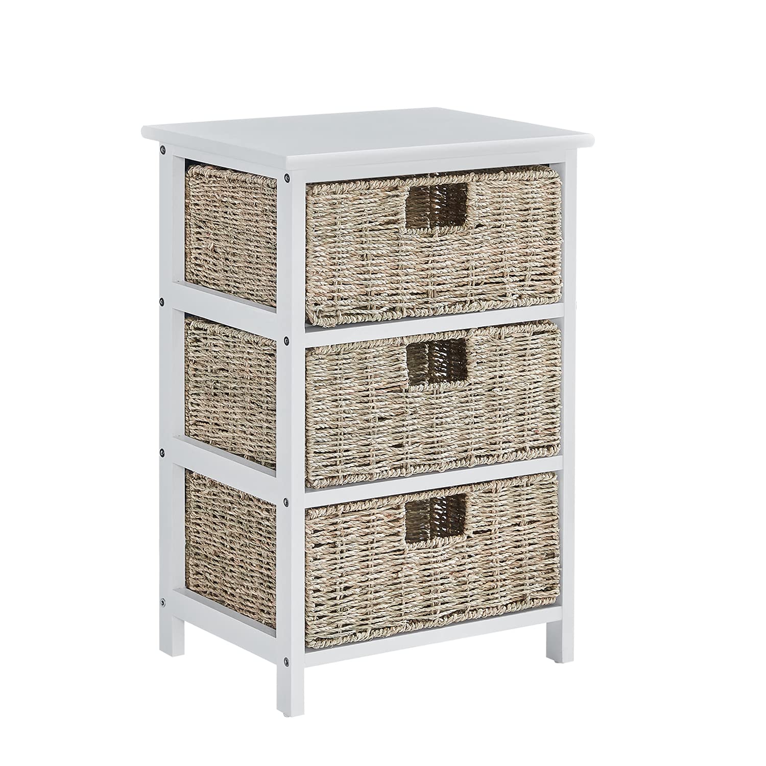 White Nightstand with 3 Drawers - Modern Bedside Table for Bedroom, Hallway & Living Room | Wood Top Dresser Storage Tower with Easy Pull Baskets | Perfect for Small Spaces, Apartment & Closet Organization (Seaweed Green)