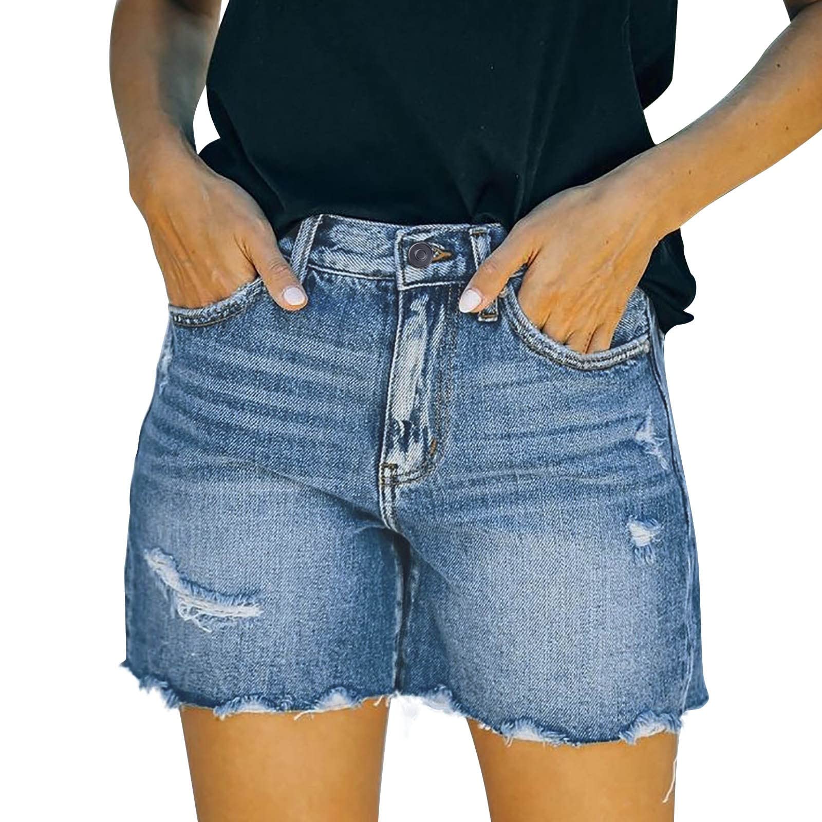 WOCACHI Women's Ripped Denim Shorts - Distressed Mid Rise Jean Shorts with Folded Hem | Perfect for Summer, Beach, and Casual Outfits