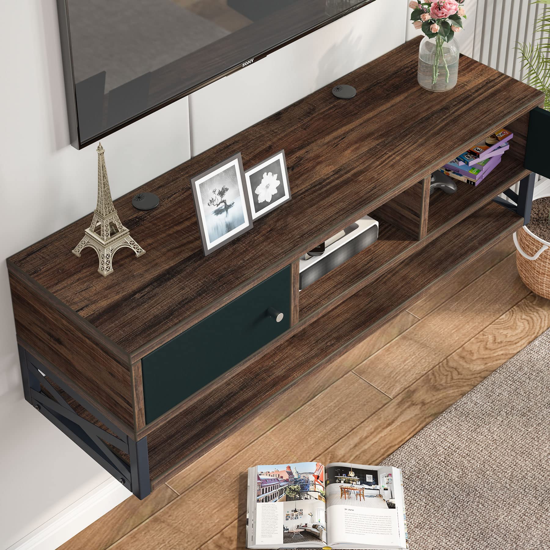 Tribesigns Floating TV Stand - 3-Tier Wall Mounted Media Console with Storage Doors, Rustic Brown Entertainment Center for Living Room & Bedroom - Perfect for Small Spaces & Modern Home Decor