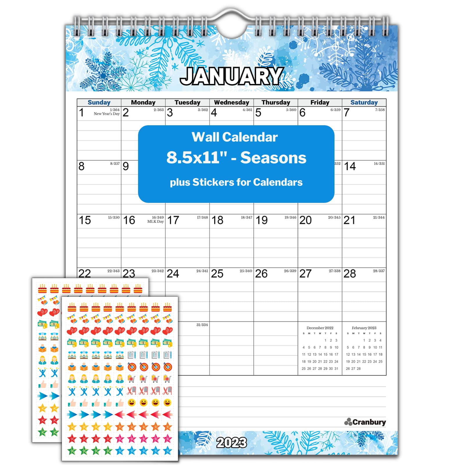 CRANBURY 2023 Small Wall Calendar - Seasons Theme, 8.5x11 Inches, Vertical Hanging or Desk Calendar with Colorful Designs & Stickers | Perfect for Home, Office, Classroom Organization & Gift Giving