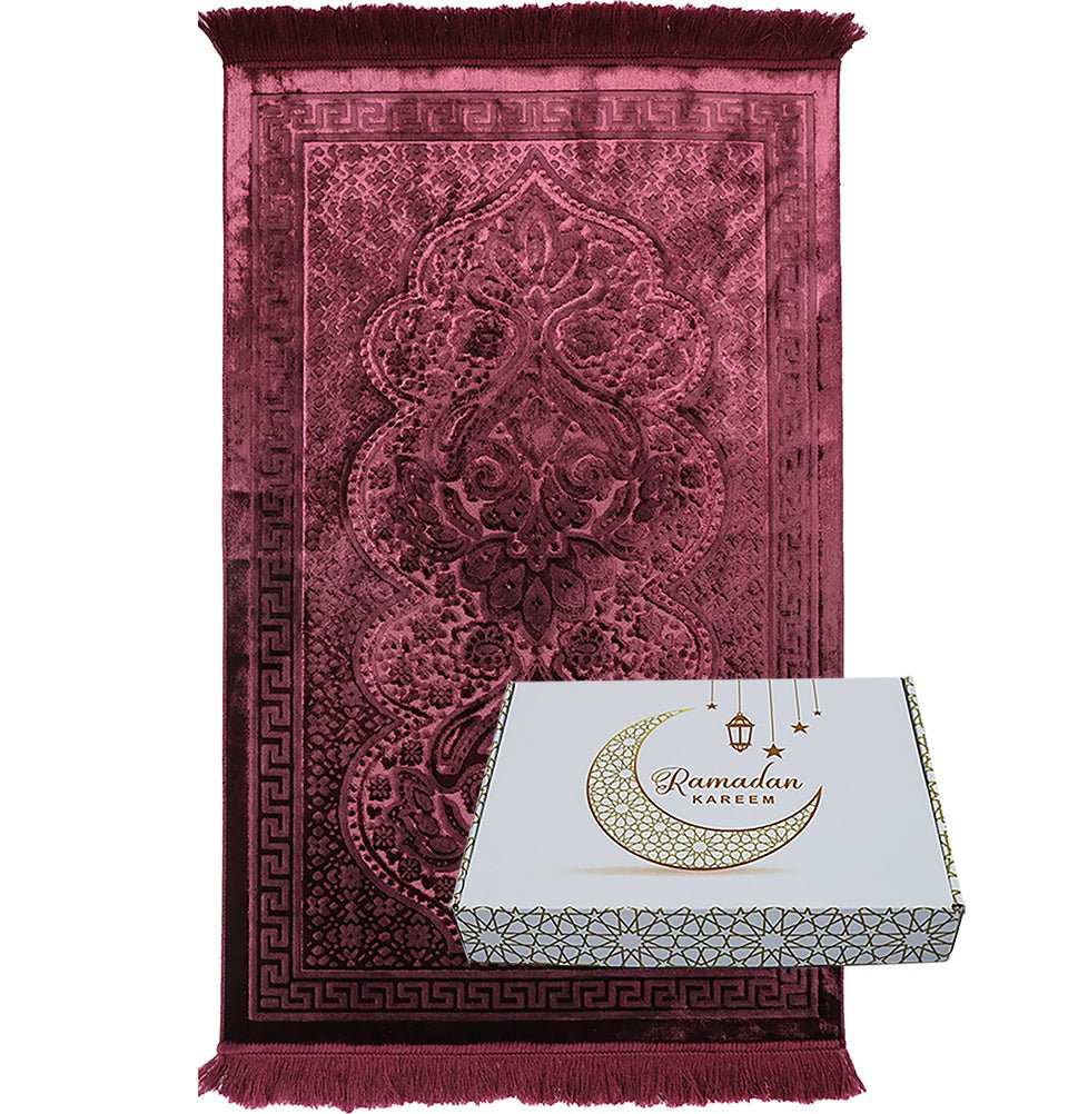 Premium Velvet Prayer Mat with Tasbih Beads - Islamic Prayer Rug for Ramadan, Eid & Daily Salah - Burgundy Prayer Carpet Gift Set for Home, Mosque & Travel