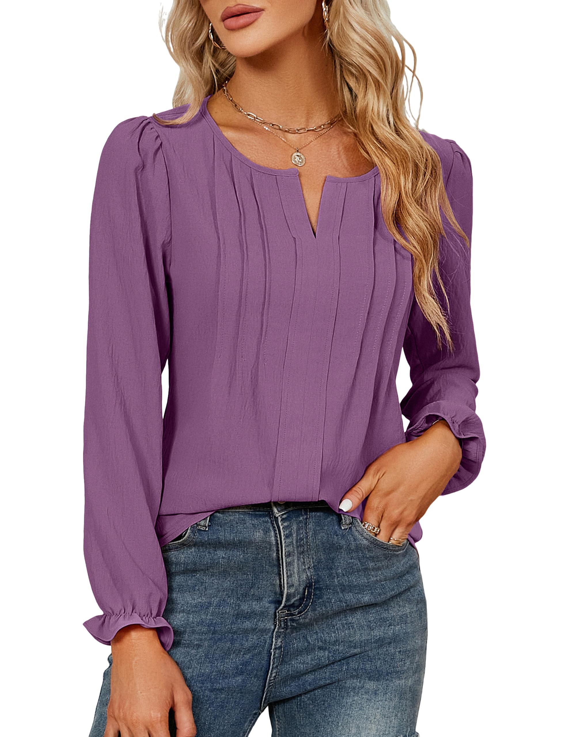 Blooming Jelly Women's Long Sleeve V-Neck Chiffon Blouse - Elegant Casual Tops for Fall 2024 | Perfect for Office Wear, Date Nights & Autumn Outfits