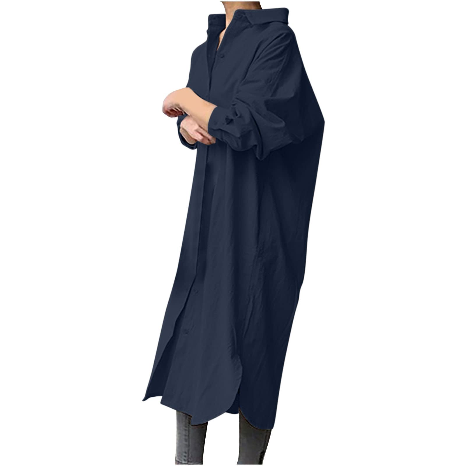 Women's Midi Dresses - Fashionable Turndown Collar Loose Long Sleeve Solid Color Mid Calf Length Dress for Casual Wear, Office, and Date Night