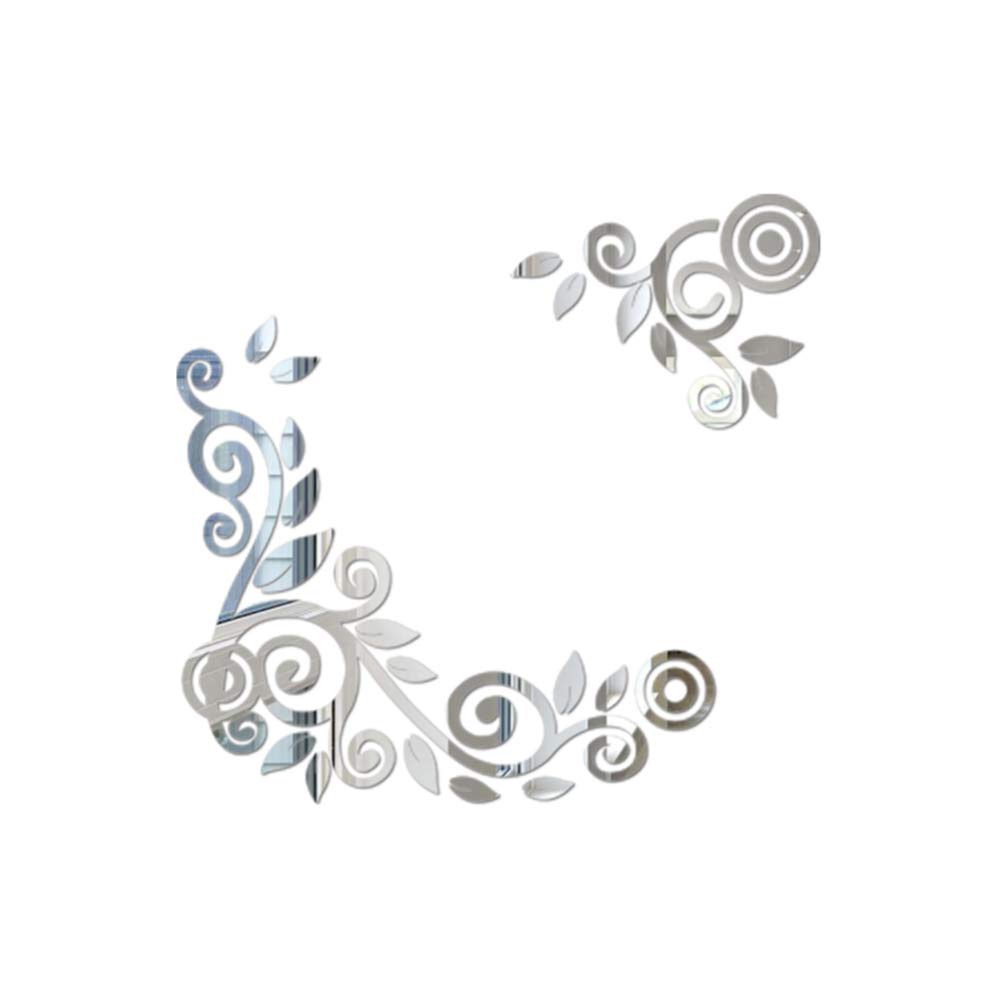 Beavorty 3D Acrylic Crystal Flower Rattan Mirror Wall Stickers - Silver Wall Decals for Home Decor, Bedroom, Living Room, Porch & Background Decoration