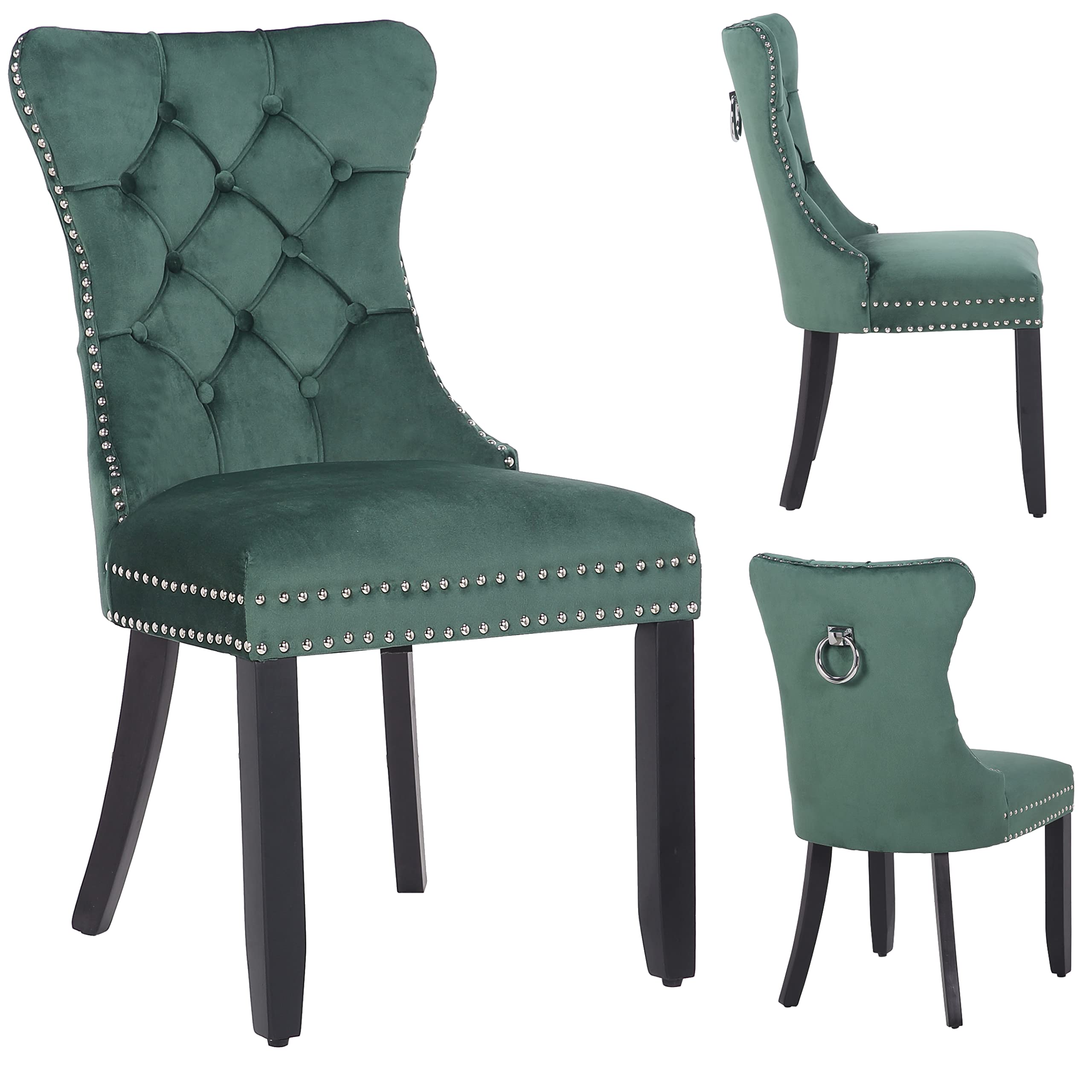 BTEXPERT Green Velvet Tufted Dining Chairs Set of 2 - High Back Upholstered Chairs with Solid Wood Frame & Nailhead Trim - Elegant Living Room, Bedroom or Coffee Shop Seating - Perfect for Dining, Lounging & Home Decor (5190-2)