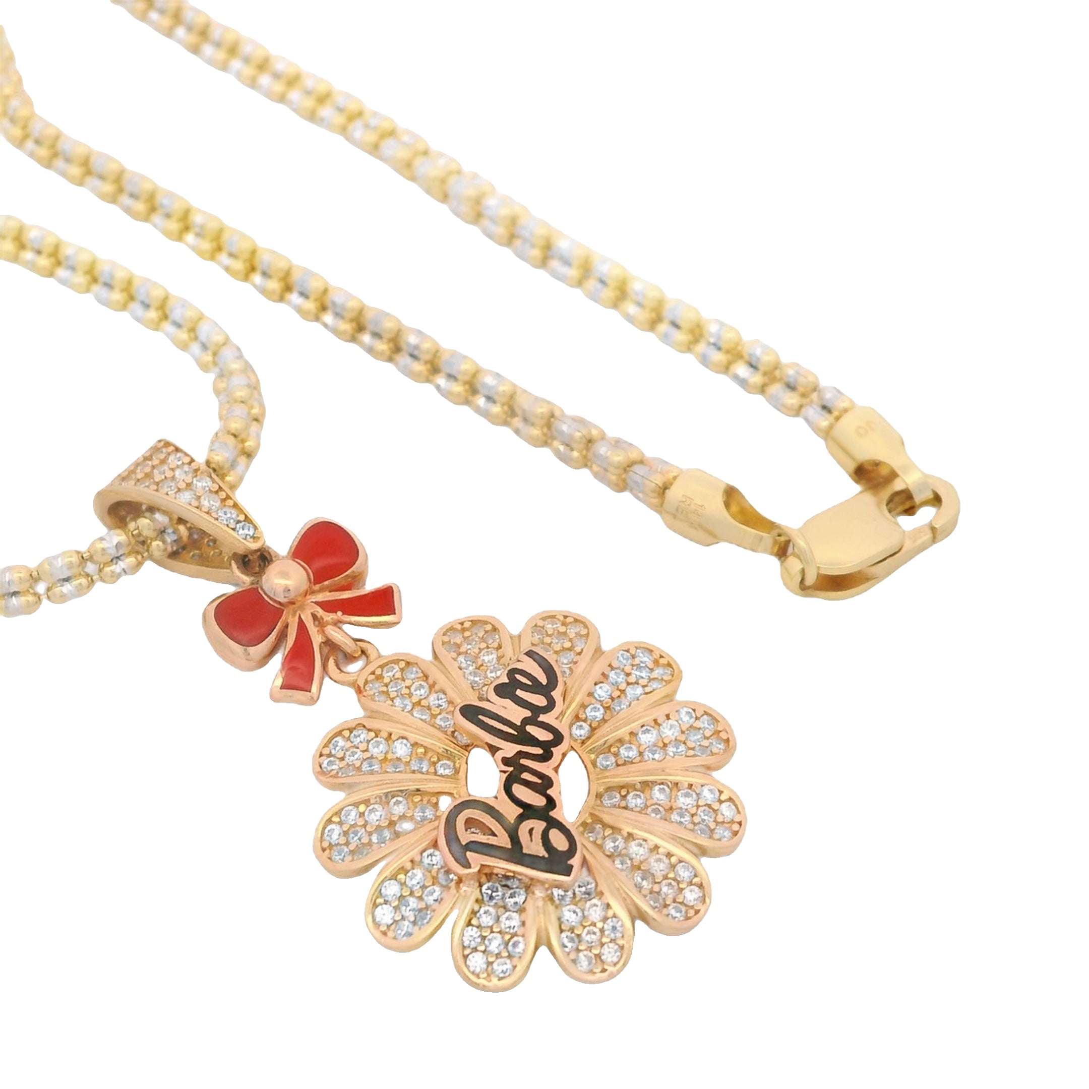 14K Gold CZ Barbie Flower Pendant Necklace with Moon Ice Chain - 3mm Width, 16 Inches Length | Elegant Jewelry Gift for Women, Girls | Perfect for Birthday, Anniversary, Valentine's Day