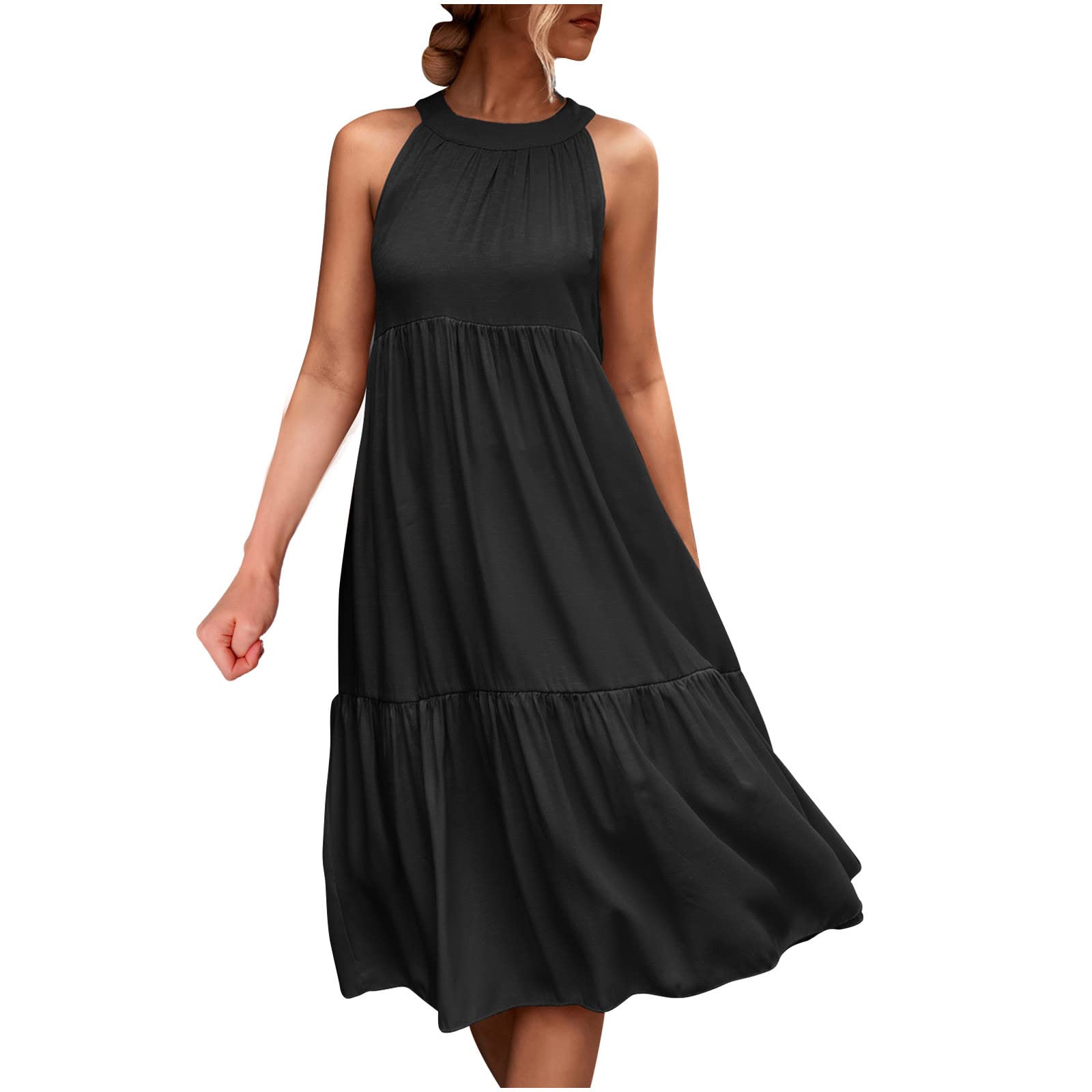 PATLOLLAV Plus Size Women's Sexy Halter Neck Sleeveless Swing Midi Dress - Fashionable Loose Fit Casual Summer Beach Dress for Vacation, Party & Outdoor Events