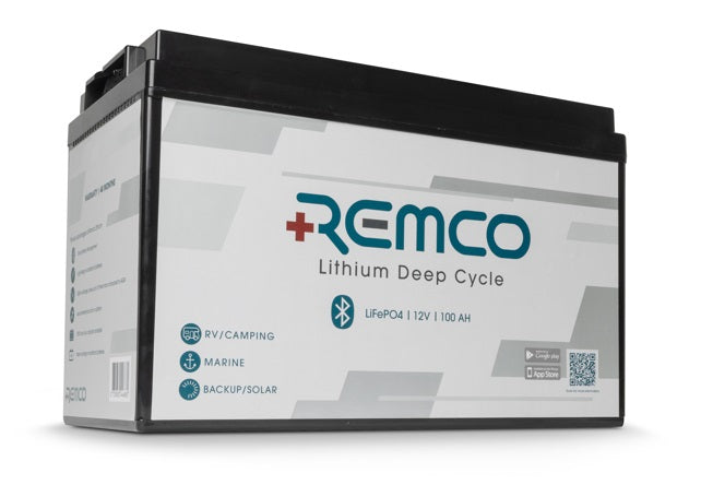 Remco 12V 100Ah Lithium Deep Cycle Battery for RV, Marine, Solar & Off-Grid Power - Rechargeable Deep Cycle Lithium Iron Phosphate Battery with Long Lifespan