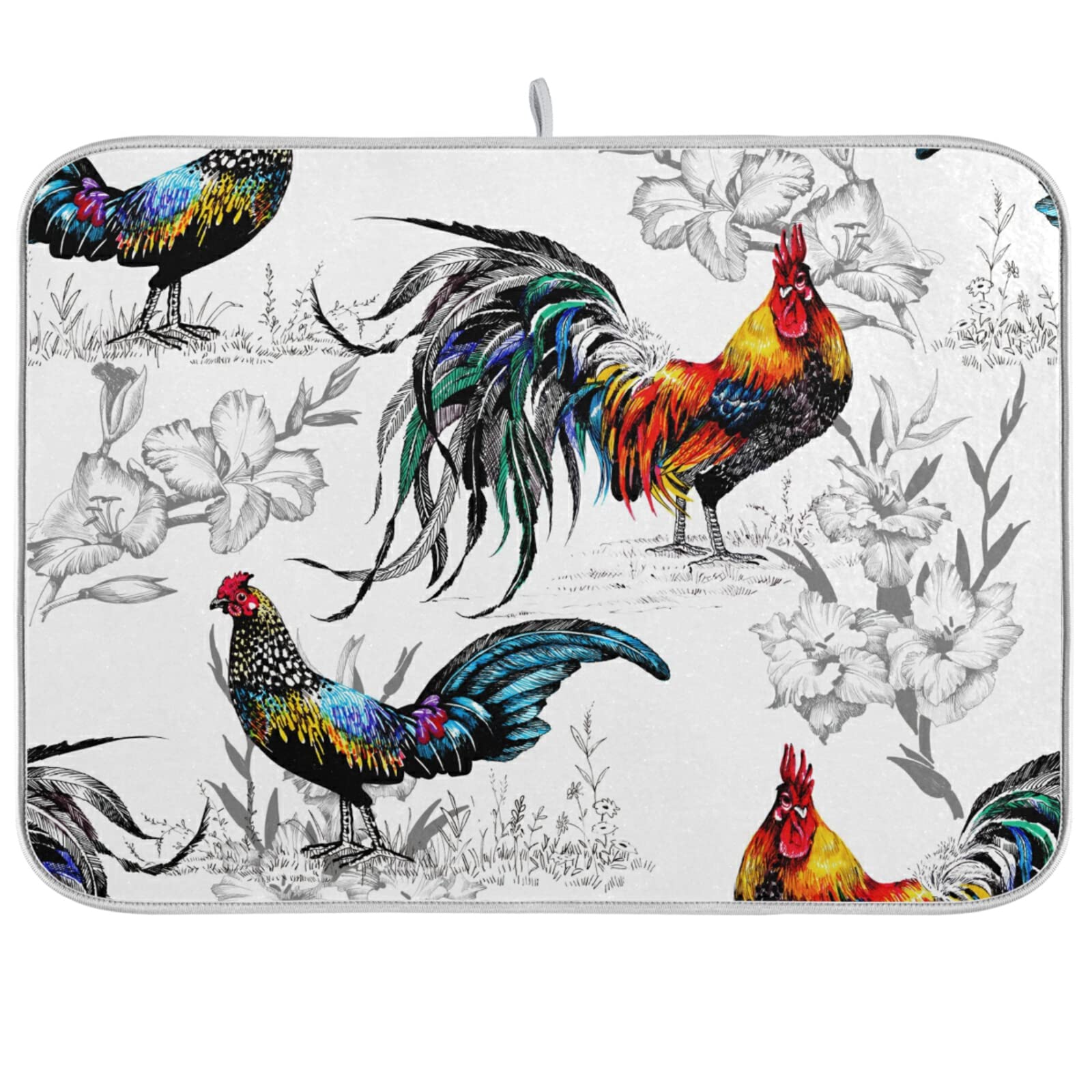 Rooster Print Dish Drying Mat - Absorbent Fast Dry Kitchen Counter Drainer Pad for Dishes, Cups & Utensils - Perfect for Kitchen Countertops, Sink Areas & Dish Racks