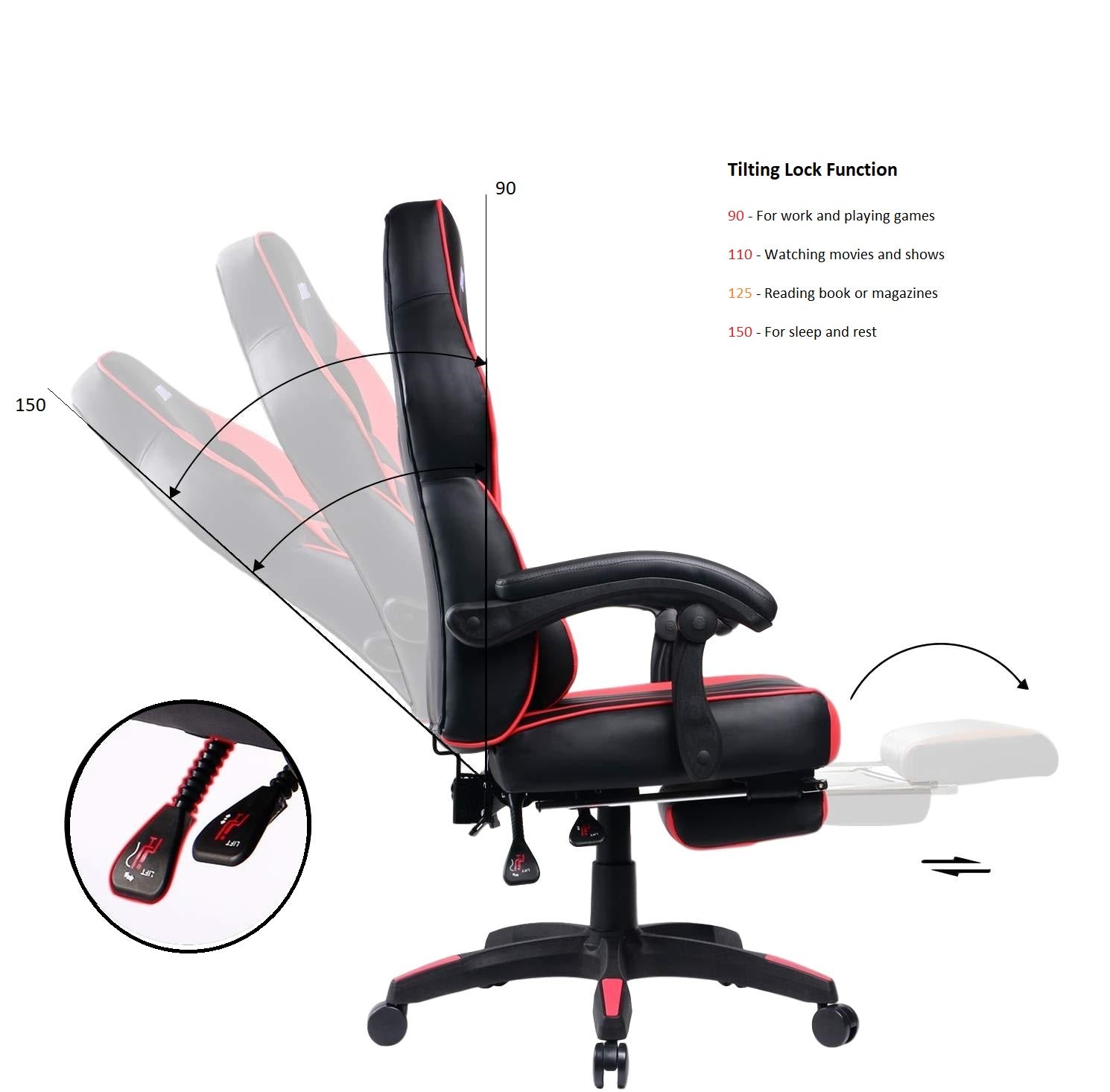 Ergonomic Footrest for Gaming Chairs - 055 Series Adjustable Height Black & Red Foot Rest - Perfect for Office, Gaming & Home Relaxation