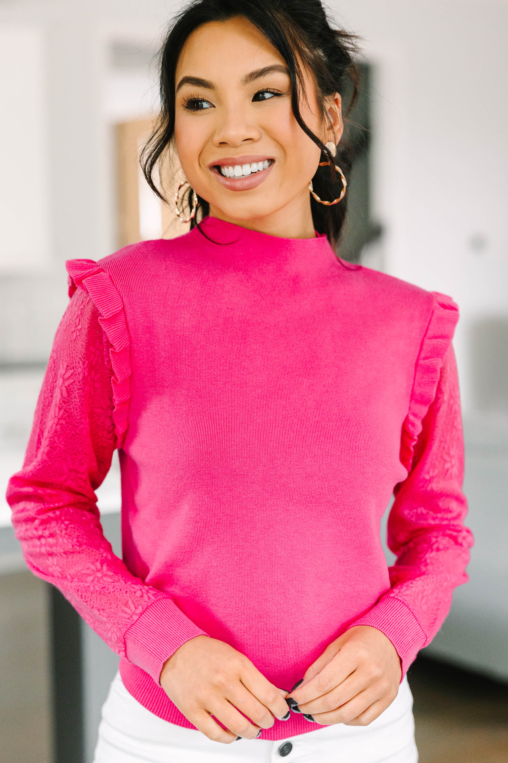 Stylish Fuchsia Pink Ruffled Sweater for Women - Trendy Knit Top for Casual Outings & Date Nights