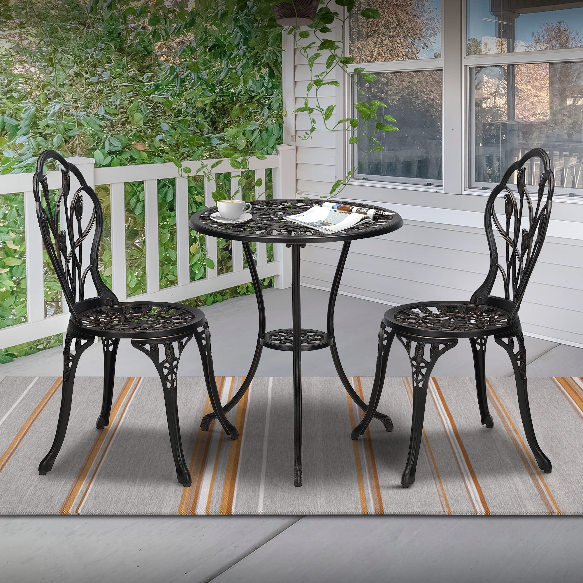 Laurel Canyon Antique Copper Finish Outdoor Patio Set - Rust-Resistant Small Round Table & 2 Chairs for Porch, Lawn, Garden, Poolside, Backyard - Bronze Metal Bistro Set for Relaxing & Entertaining Outdoors